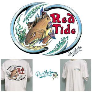 WILD Nautical Fishing Cartoon T-Shirt RED TIDE Redfish Red Fish Ocean Floor XL